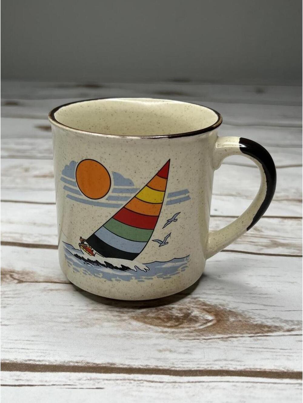 Vintage Retro‎ Speckled Ceramic Mug with Colorful Sailboat Design